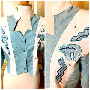 Wildfire Western Embroidered Teal White Tribal Bear Horse Show Shirt - Large